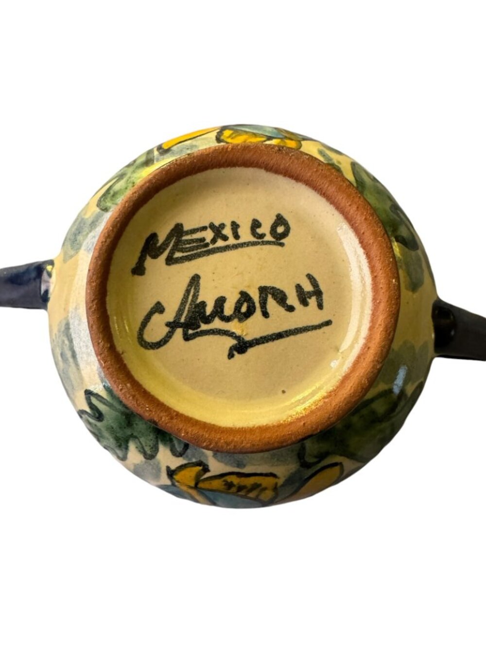 Talavera Sugar Bowl Lilies Fish Blue White Brown Yellow Red Clay w/ Lid - Picture 8 of 8